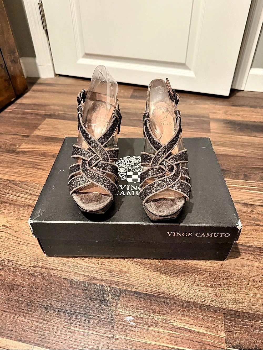 Vince Camuto Glitter Ankle-Strap Heels in Brown size 6.5